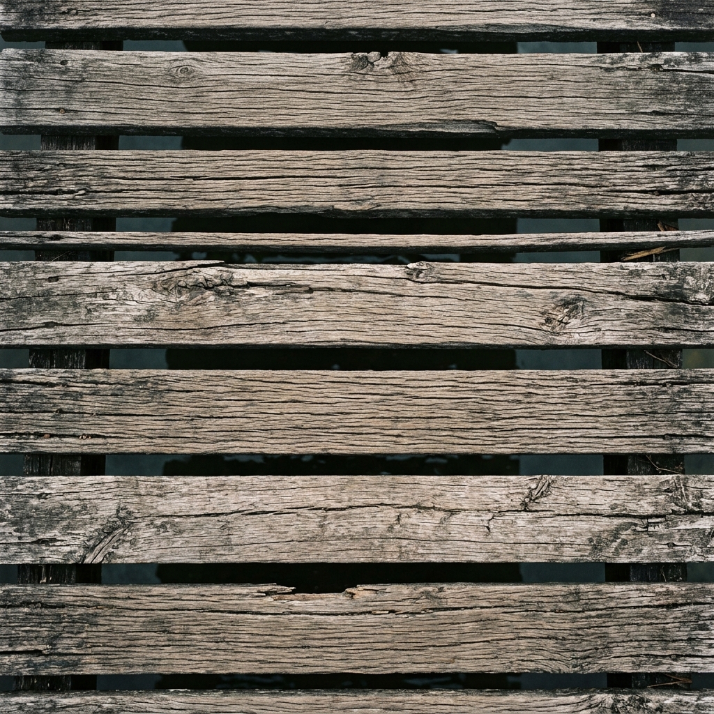 Weathered walkway planks with dark water showing through the gaps