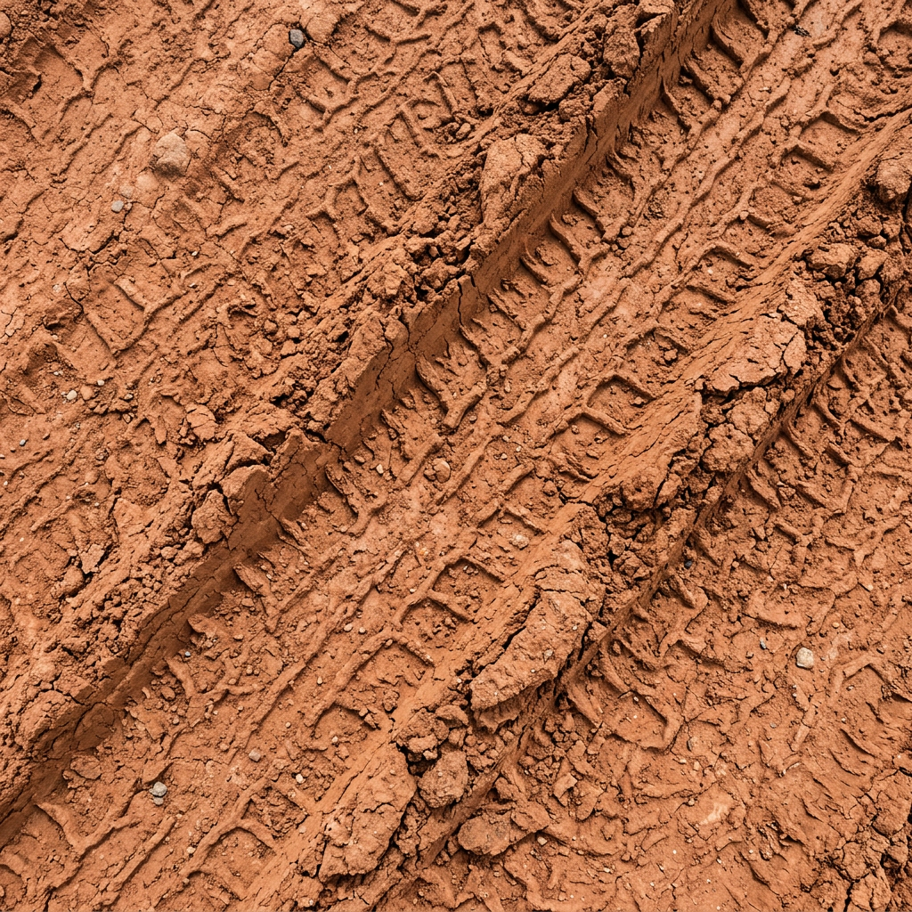 A dried red clay track surface with hardened wheel ruts