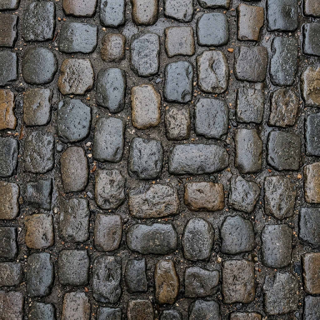 Worn rounded cobblestones set in sand, water standing in the joints