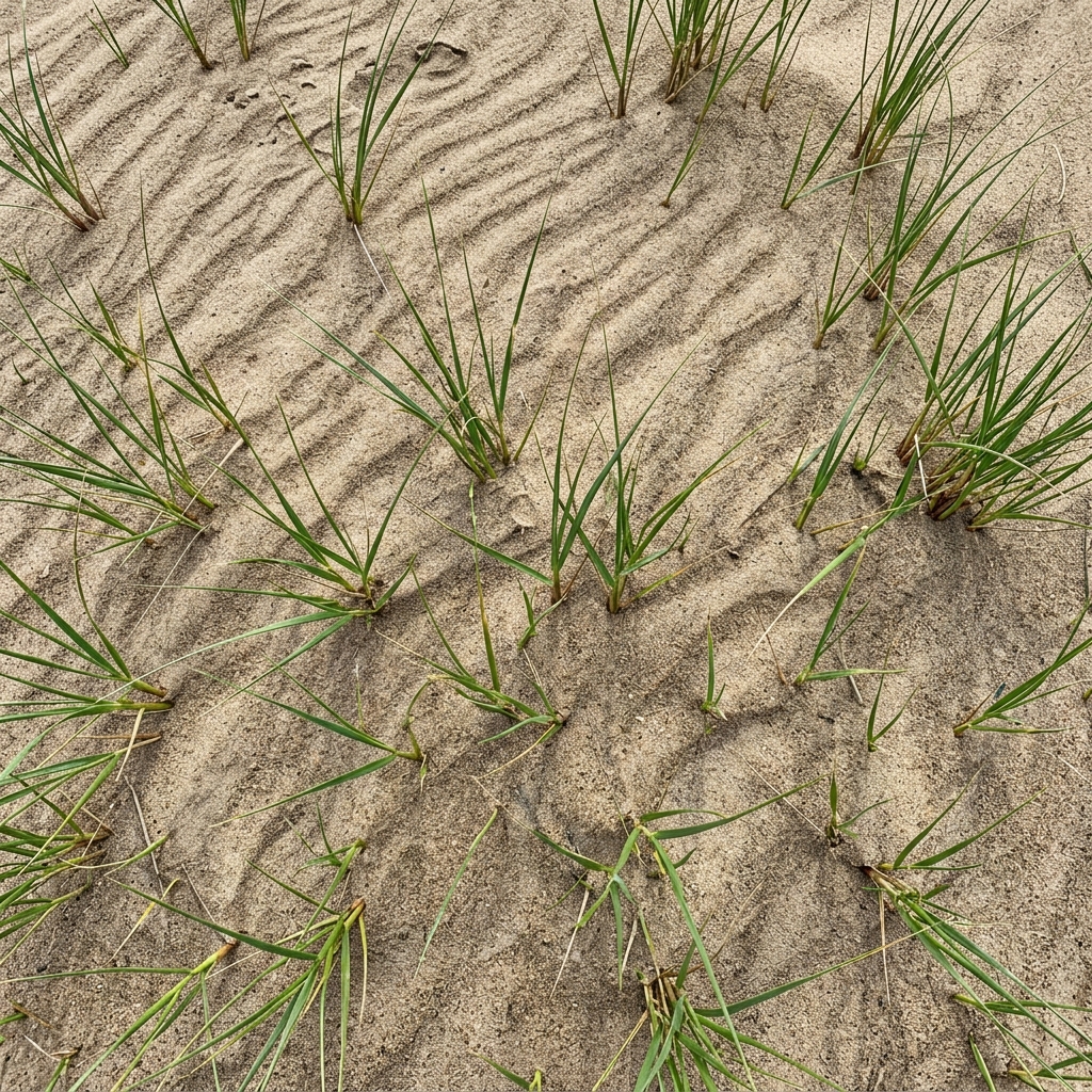 Fine wind rippled dune sand with marram shoots pushing through