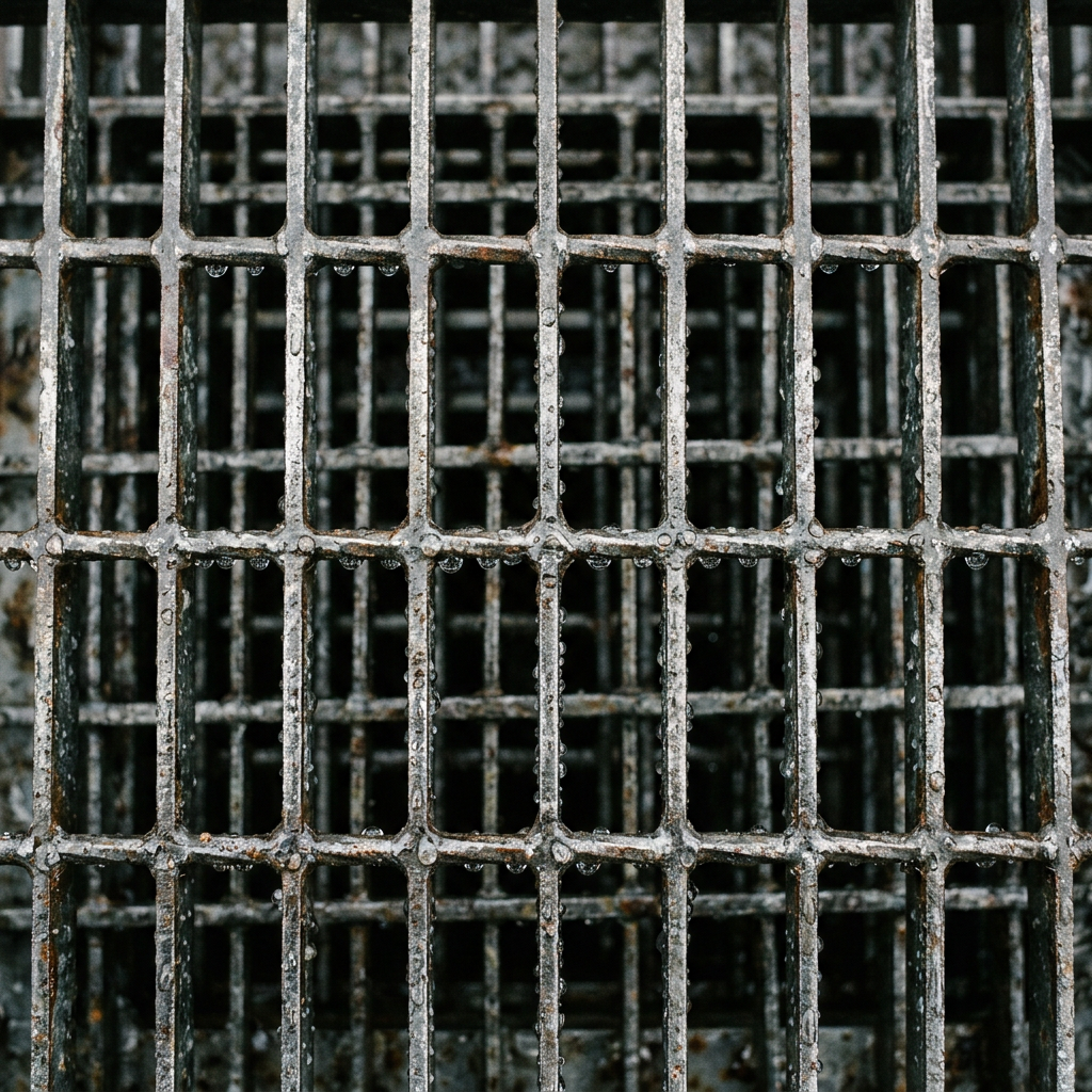 Steel deck grating with sea water beaded across it