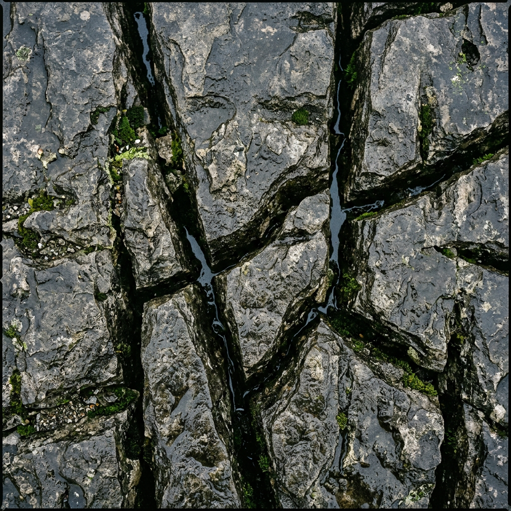 Weathered limestone pavement seen from directly above, deep fissures still wet