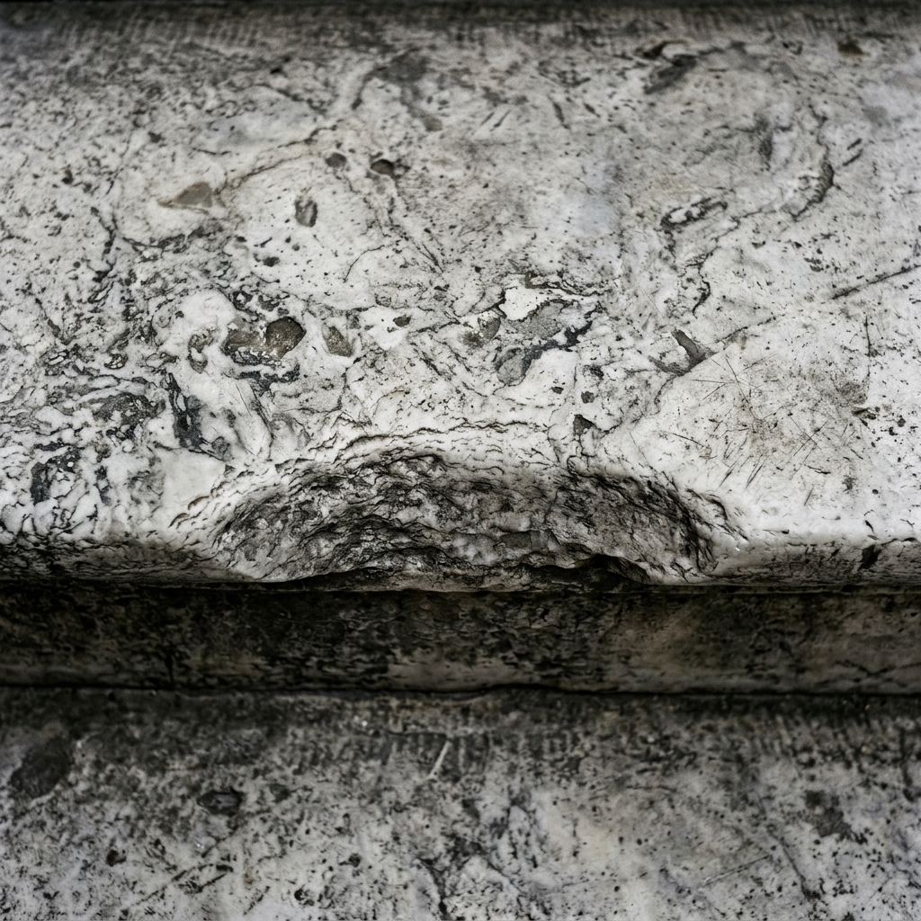 A marble step worn round at the edge by feet