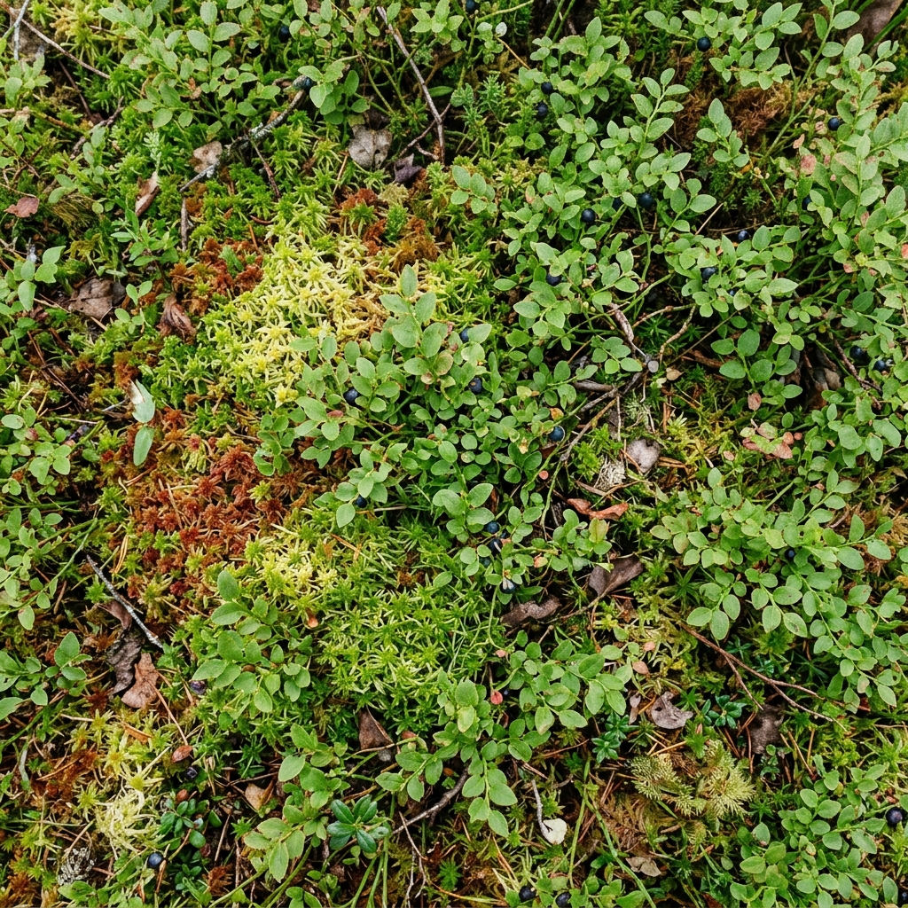 Deep moss and low berry plants underfoot, seen from directly above