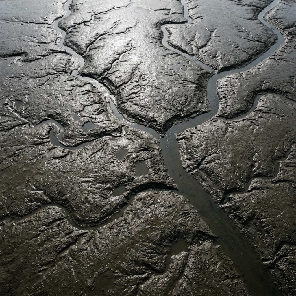 Estuary mudflat with drainage channels branching across it