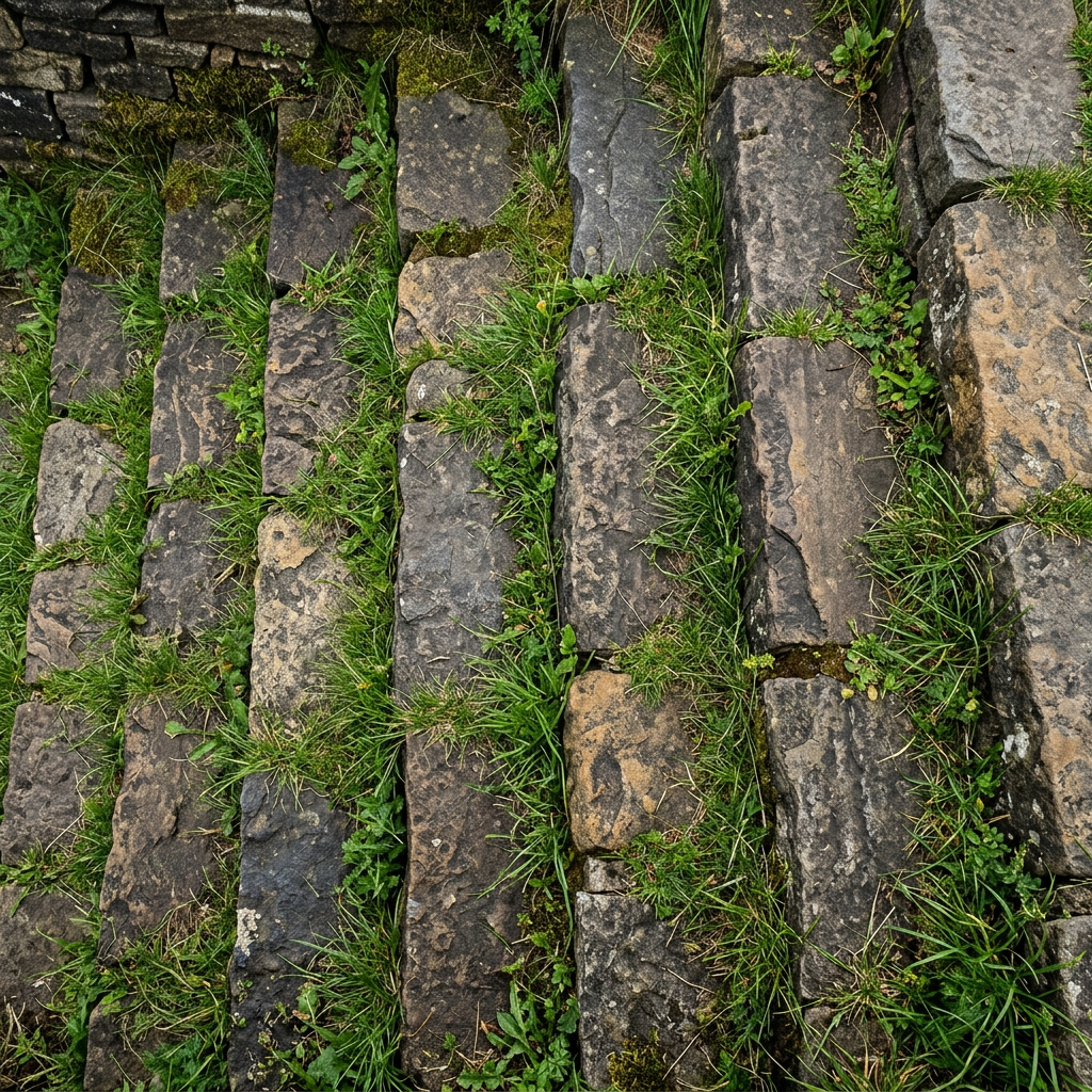 Dry stone terrace steps with grass growing in the joints